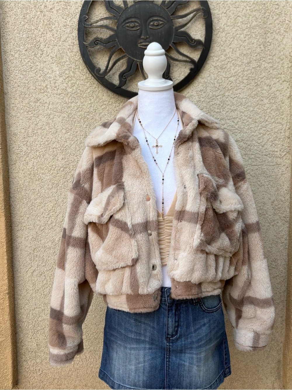 Ashley Vintage Charm Cropped Faux Fur Plaid Sweater Fall Cozy Coquette